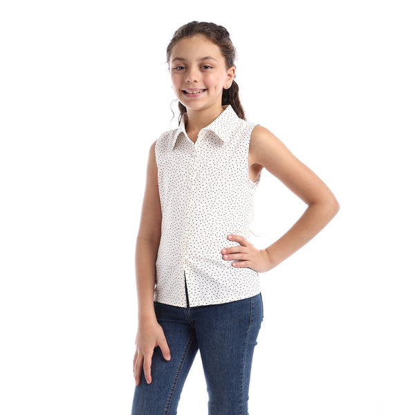 Girls Sleeveless Tiny Dotts Pattern Shirt - Off White