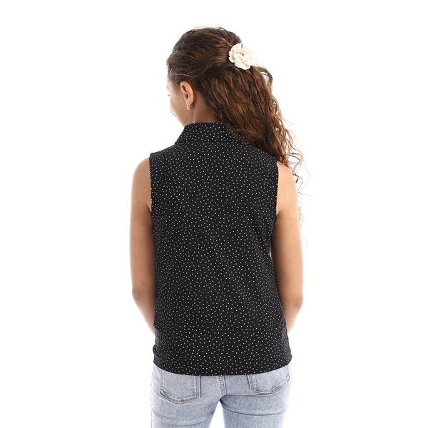 Girls Sleeveless Tiny Dotts Pattern Shirt - Black