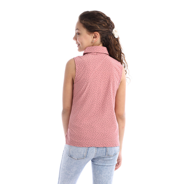 Girls Sleeveless Tiny Dotts Pattern Shirt - Dusty Rose
