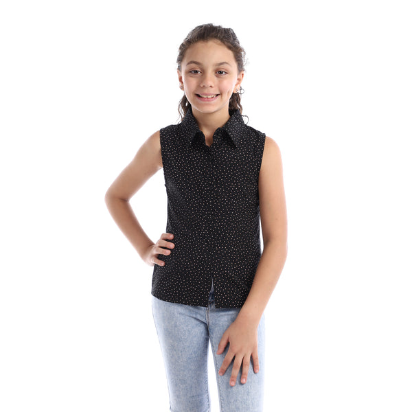 Girls Sleeveless Tiny Dotts Pattern Shirt - Black