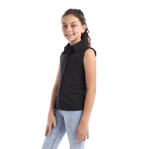 Girls Sleeveless Tiny Dotts Pattern Shirt - Black