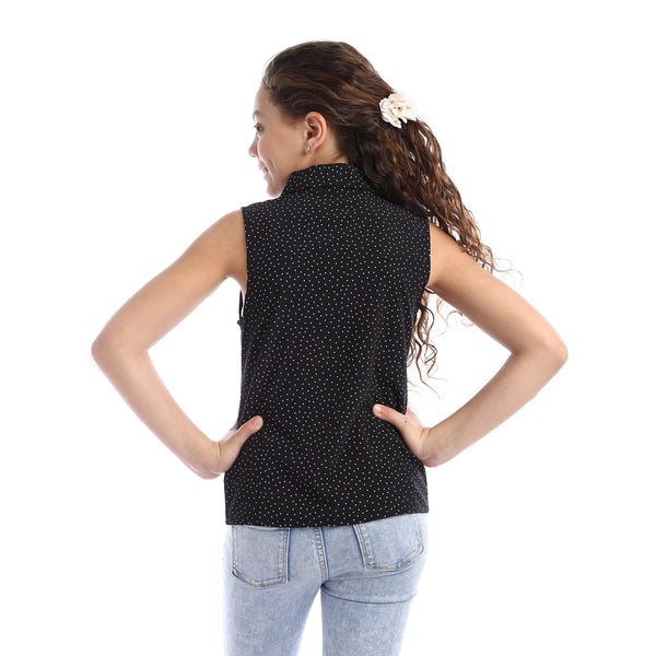 Girls Sleeveless Tiny Dotts Pattern Shirt - Black