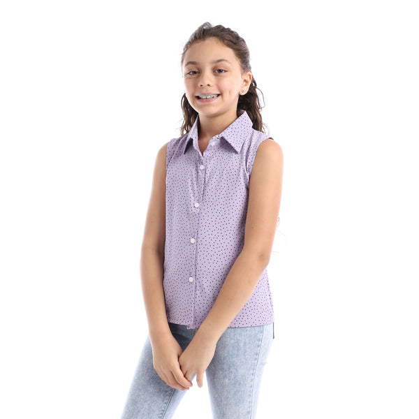 Girls Sleeveless Tiny Dotts Pattern Shirt - Mauve