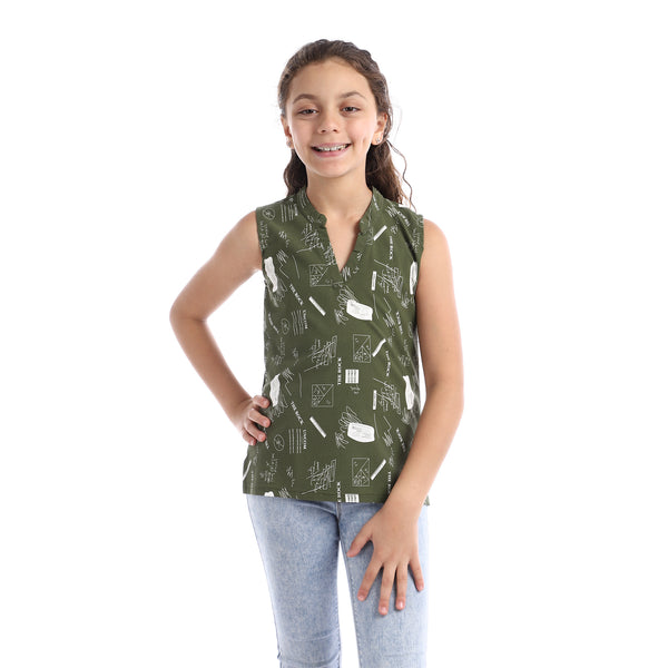 Girls Sleeveless V-Neck Self Pattern Top - Olive