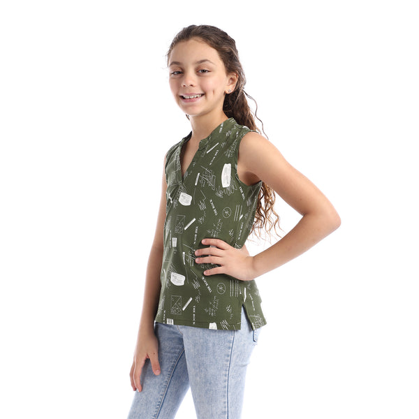 Girls Sleeveless V-Neck Self Pattern Top - Olive