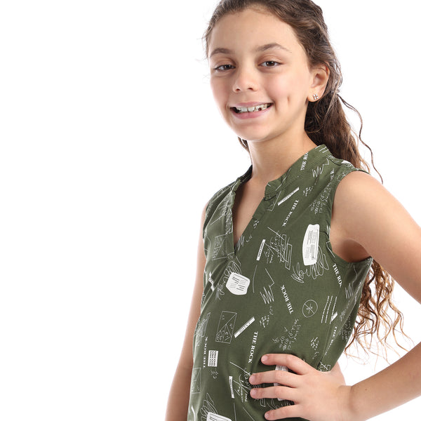 Girls Sleeveless V-Neck Self Pattern Top - Olive