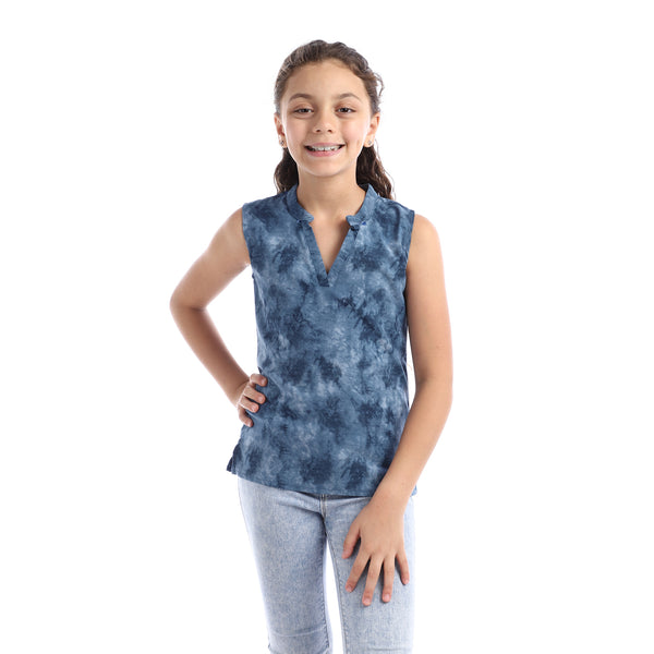 Girls Sleeveless V-Neck Tie Dye Top - Steal Blue