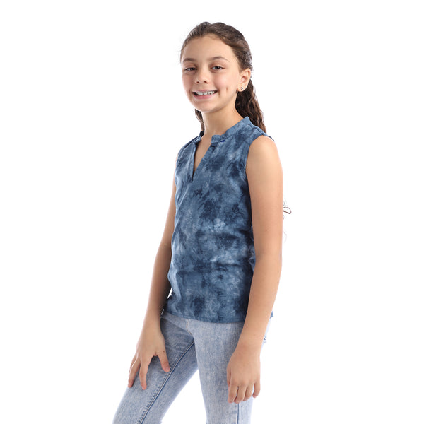 Girls Sleeveless V-Neck Tie Dye Top - Steal Blue