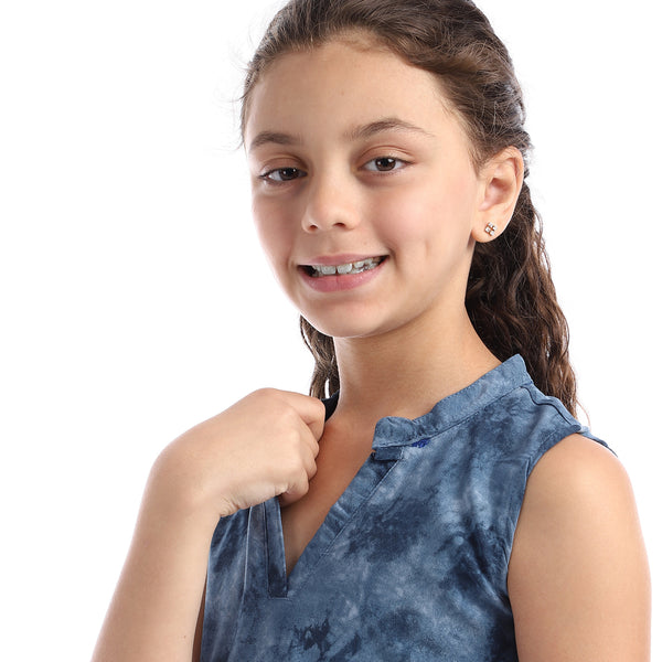 Girls Sleeveless V-Neck Tie Dye Top - Steal Blue