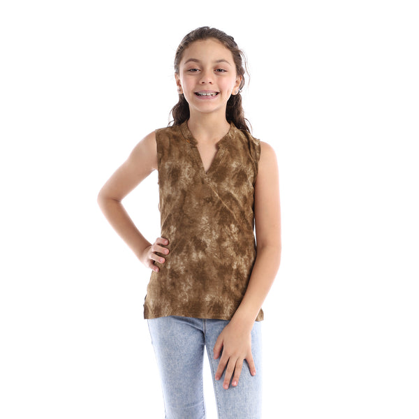 Girls Sleeveless V-Neck Tie Dye Top - Brown