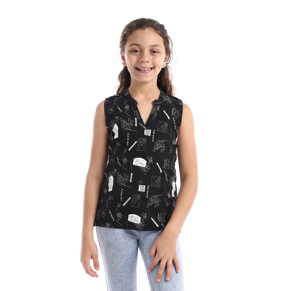 girls_sleeveless_patterned_v-neck_top_-_black