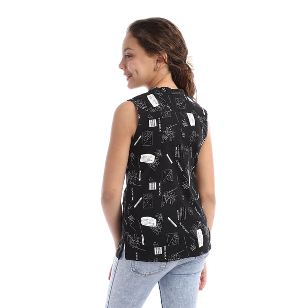 girls_sleeveless_patterned_v-neck_top_-_black