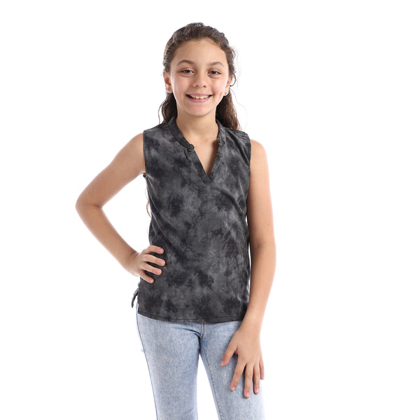 Girls Sleeveless V-Neck Tie Dye Top - Black