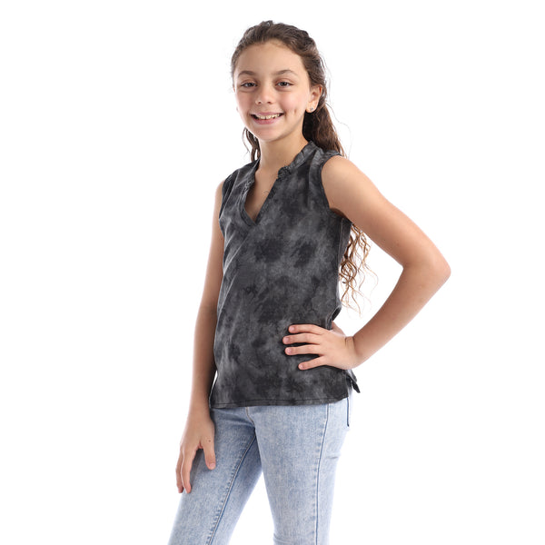 Girls Sleeveless V-Neck Tie Dye Top - Black