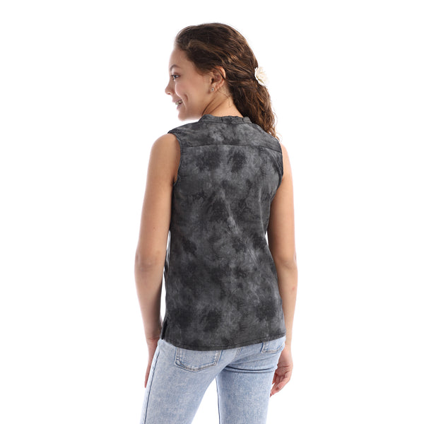 Girls Sleeveless V-Neck Tie Dye Top - Black