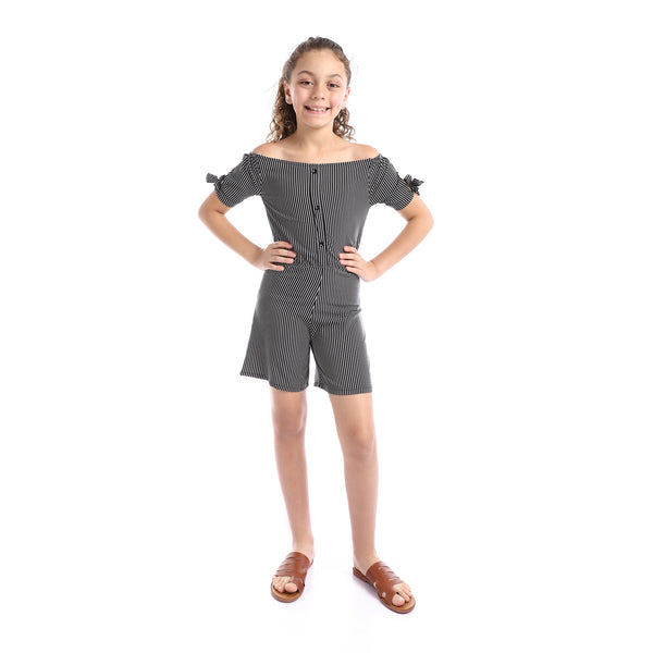 Girls Striped Off-Shoulders Summer Romper - Black & White