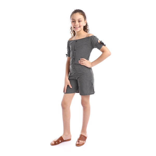 Girls Striped Off-Shoulders Summer Romper - Black & White
