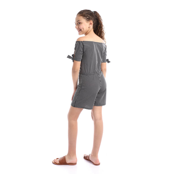 Girls Striped Off-Shoulders Summer Romper - Black & White