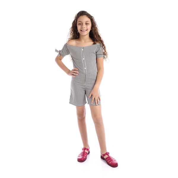 Girls Striped Off-Shoulders Summer Romper - White & Black