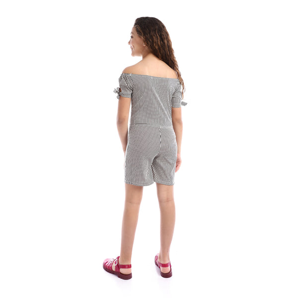 Girls Striped Off-Shoulders Summer Romper - White & Black