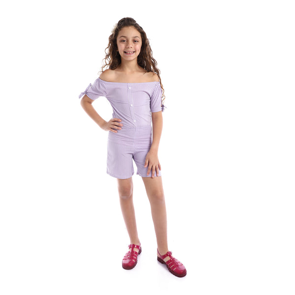 Girls Striped Off-Shoulders Summer Romper - Lilac & White