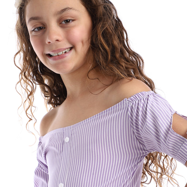 Girls Striped Off-Shoulders Summer Romper - Lilac & White