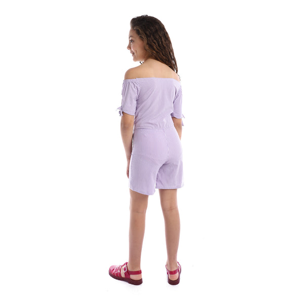 Girls Striped Off-Shoulders Summer Romper - Lilac & White