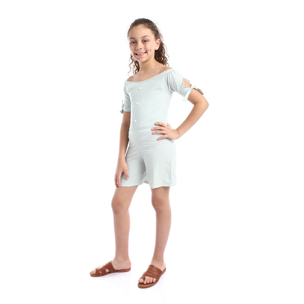 Girls Striped Off-Shoulders Summer Romper - Mint & White