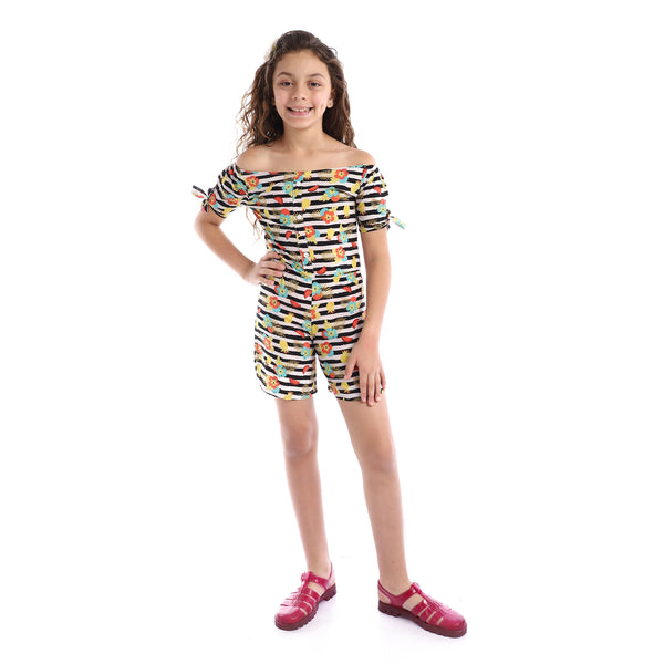 Girls Colorful Patterned Slip On Romper - Yellow & Navy Blue