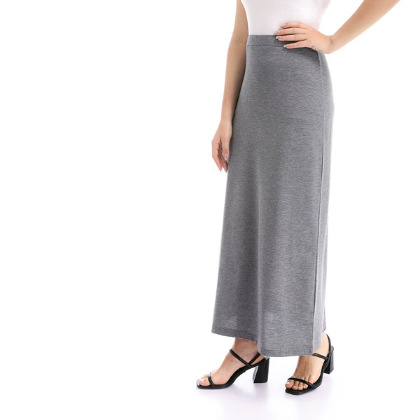Elastic Waist Solid Cotton Maxi Skirt - Heather Dark Grey