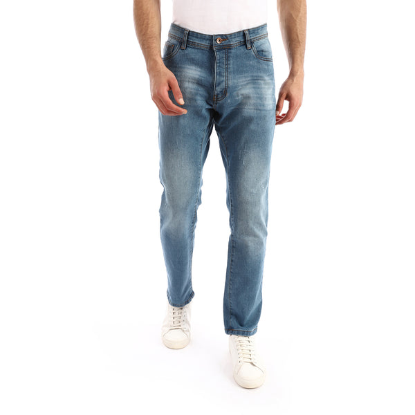 Scratched Regular Fit Washed Out Jeans - Light Blue