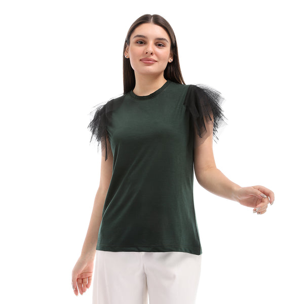 Sleeveless With Tull Accent Cotton Top - Dark Green