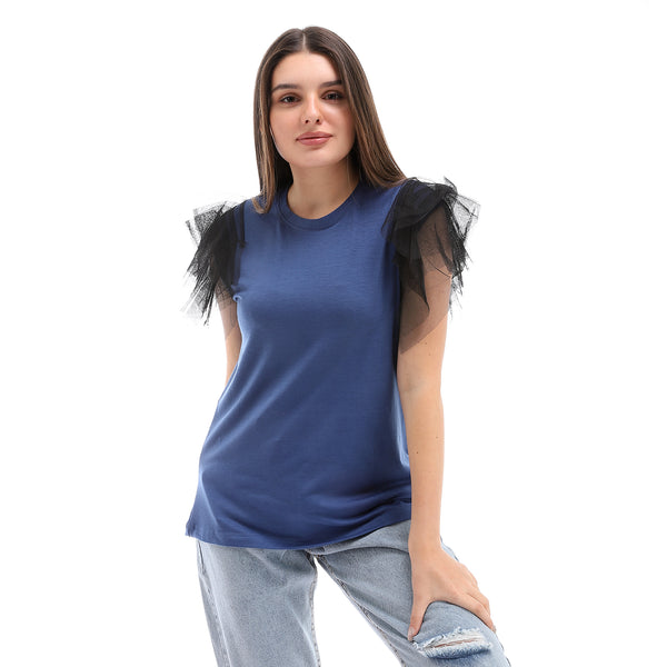 Sleeveless With Tull Accent Cotton Top - Blue