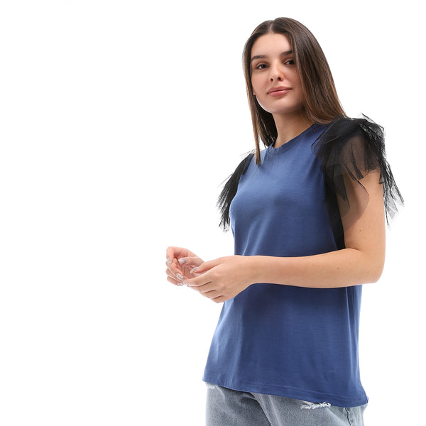 Sleeveless With Tull Accent Cotton Top - Blue
