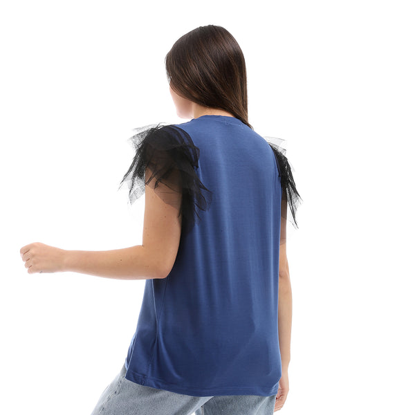 Sleeveless With Tull Accent Cotton Top - Blue