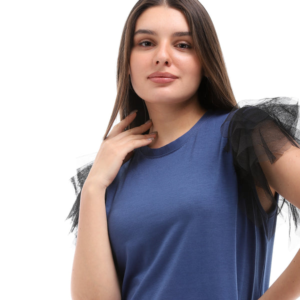 Sleeveless With Tull Accent Cotton Top - Blue