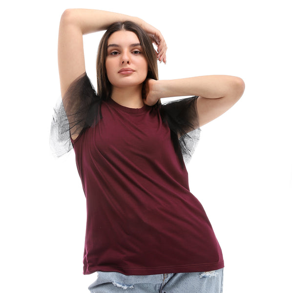 Sleeveless With Tull Accent Cotton Top - Burgundy