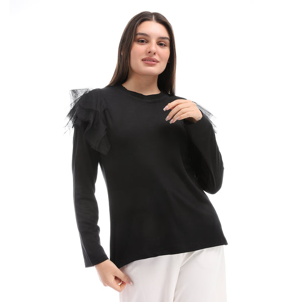 Cotton Plain Top With Tull Accent - Black