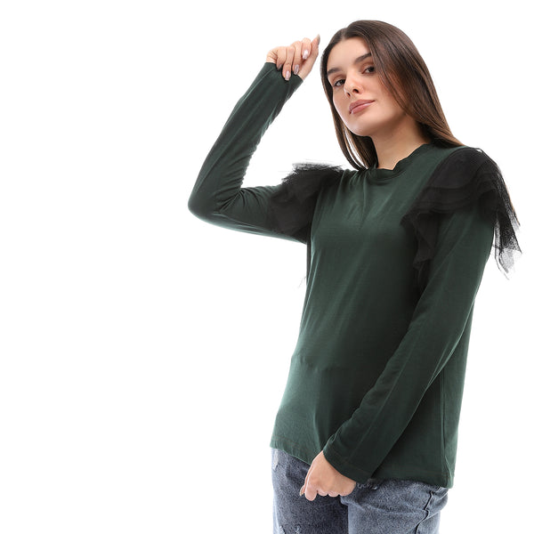 Cotton Plain Top With Tull Accent - Olive
