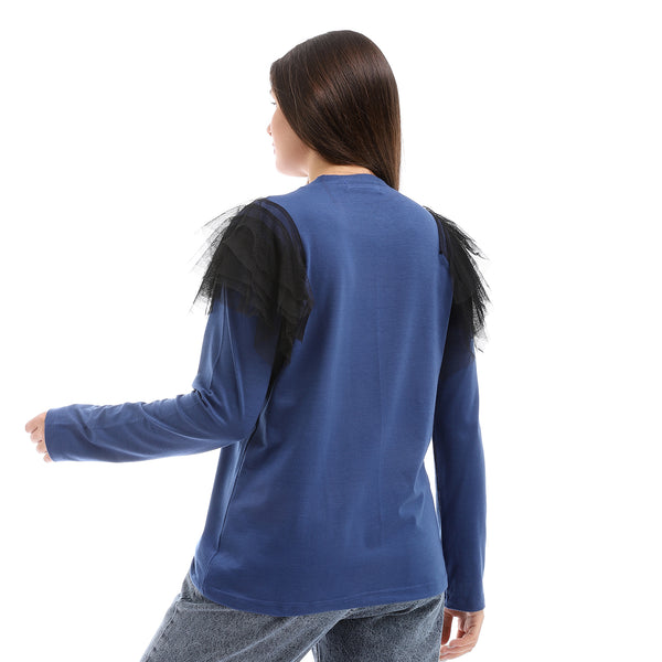 Cotton Plain Top With Tull Accent - Blue