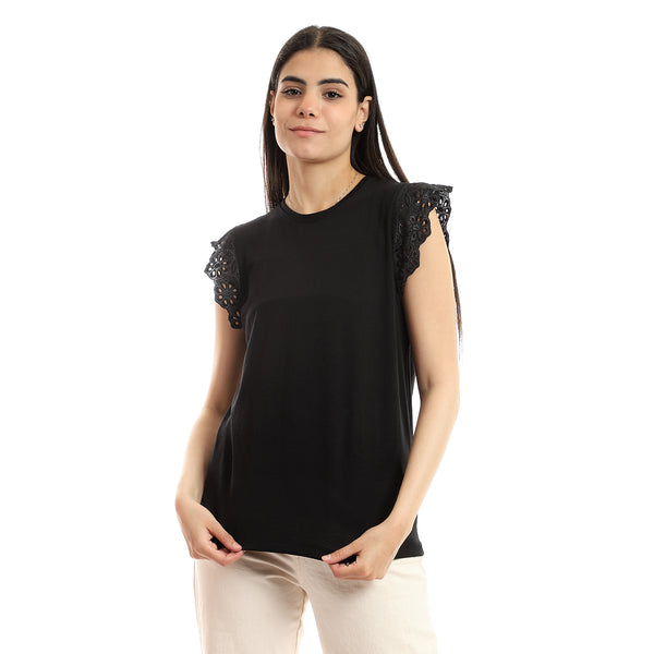 Lace Cap Sleeves Plain Black Slip On Top - Black