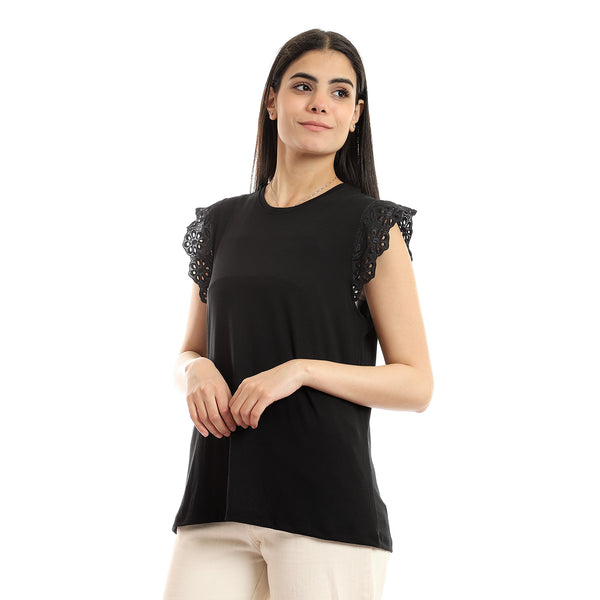 Lace Cap Sleeves Plain Black Slip On Top - Black