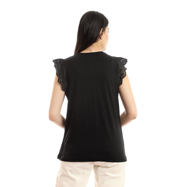 Lace Cap Sleeves Plain Black Slip On Top - Black
