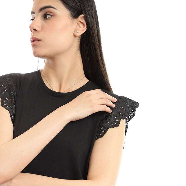 Lace Cap Sleeves Plain Black Slip On Top - Black
