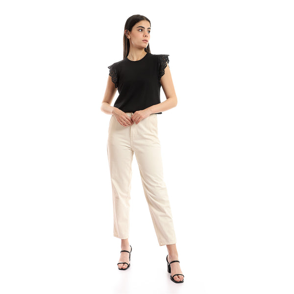 Lace Cap Sleeves Plain Black Slip On Top - Black