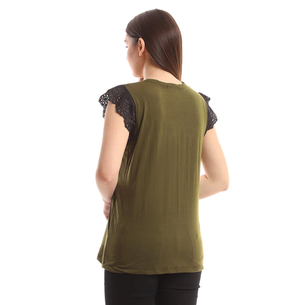 Olive Slip On Lace Cap Sleeves Cotton Top
