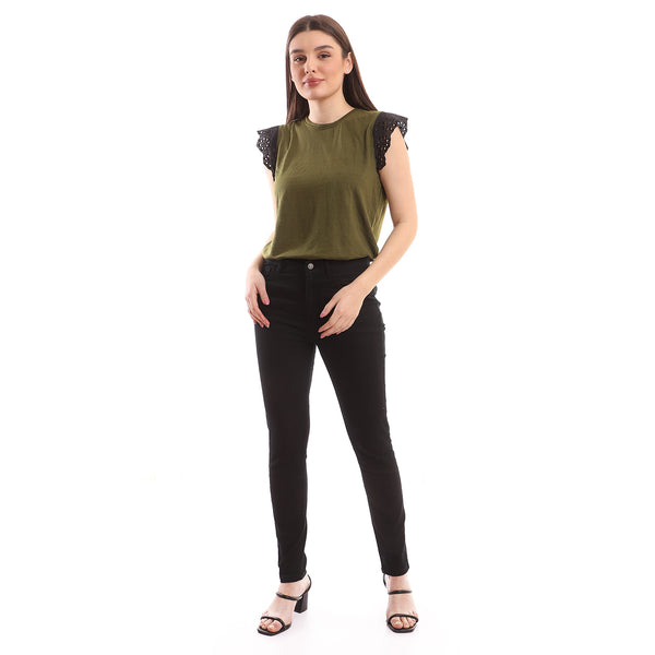 Olive Slip On Lace Cap Sleeves Cotton Top
