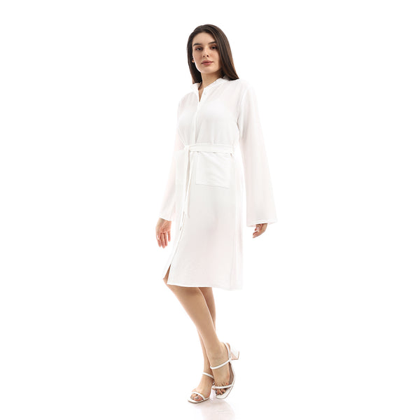 Textured Full Buttoned Short Shirt Dress - White