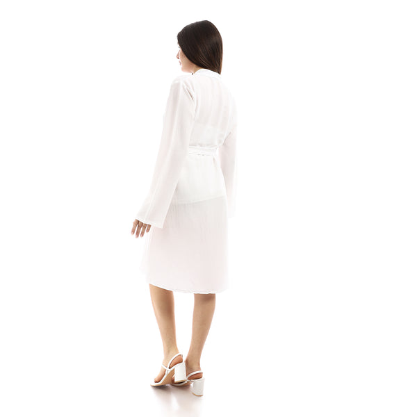 Textured Full Buttoned Short Shirt Dress - White