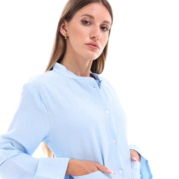 Textured Full Buttoned Short Shirt Dress - Light Blue